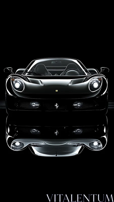 Black sports car front view with reflective mirror surface.
