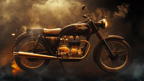 Vintage motorcycle glows through dramatic golden smoke.