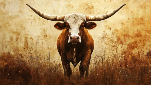 Longhorn bull charges through sepia-toned prairie field.