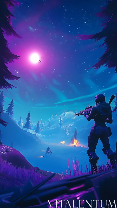 Neon sniper watches aurora-lit battlefield under violet moon.