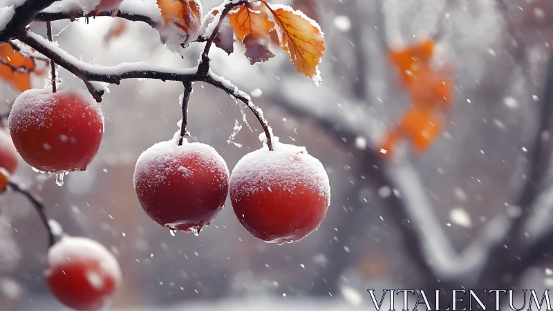 Snow-laden apple cluster in shallow-depth winter field study.