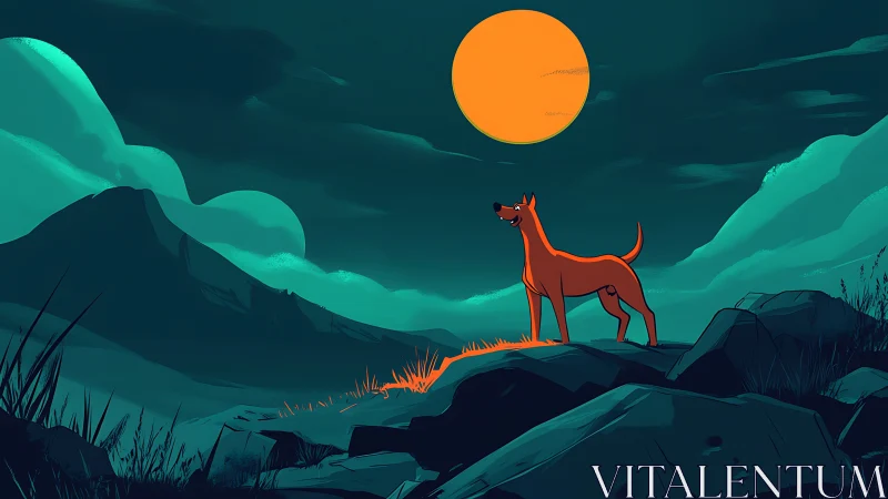 Canine silhouette on rocky hill under large circular moon.