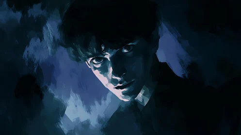Moody digital portrait of a young person in blue shadows.