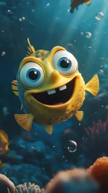 Cheerful stylized yellow reef fish under volumetric blue light