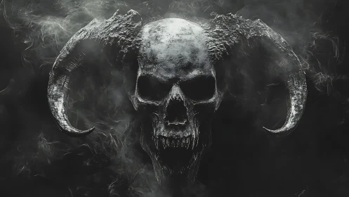 Horned void skull emerges from swirling darkened smoke.