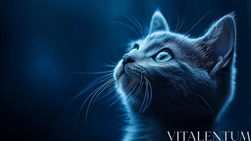 Blue-Eyed Cat Gazing Upward Against Deep Teal Background.
