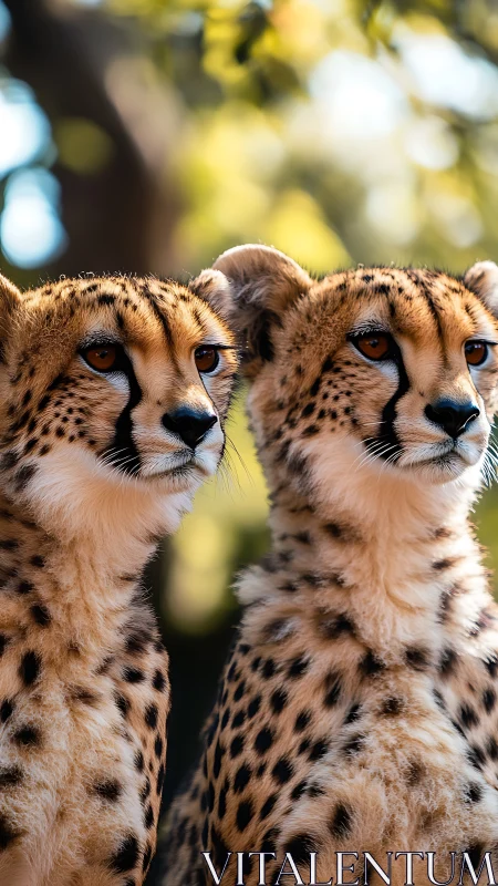 Two cheetahs positioned side-by-side with focused forward gaze