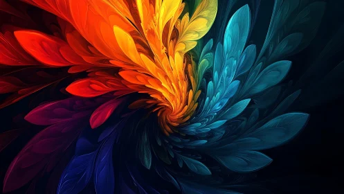 Chromatic feather vortex swirling in luminous midnight bloom.