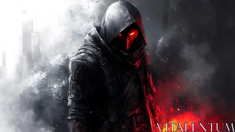 Hooded wraith in ember-lit urban fog, red eyes burning.