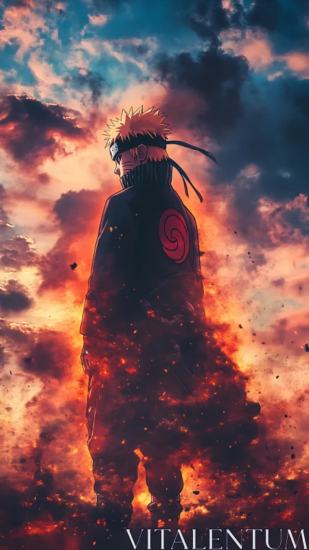 Sky-scorched ninja strides through embers toward destiny