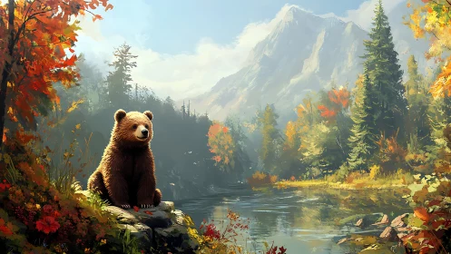 Autumn forest bear cub observes reflective mountain river