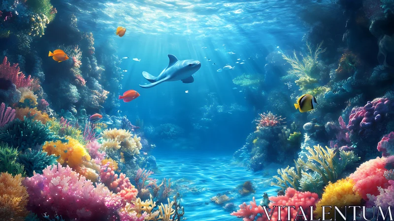 Digital reef scene shows dolphin and tropical fish in sunlight