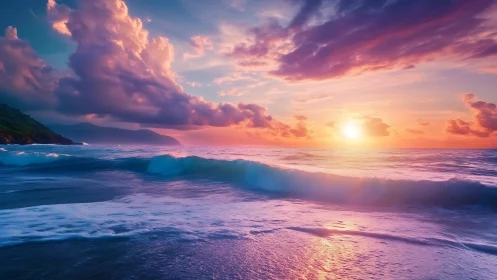 Vibrant seascape sunset renders luminous clouds and waves