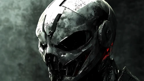 Scarred chrome skull android under moody cinematic lighting.