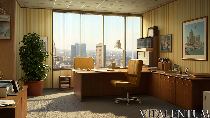 Midcentury executive office interior with skyline window view
