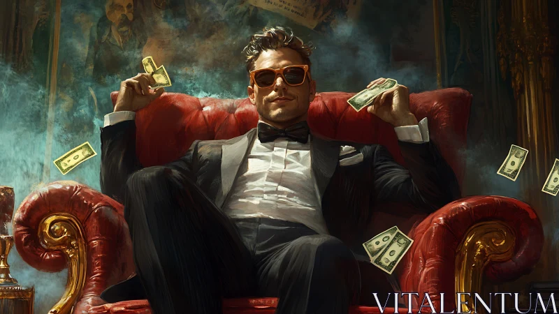 Charming man lounges in red armchair, savoring lavish wealth