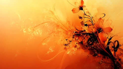 Floral silhouettes ignite a radiant orange abstract bloom