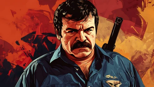 Tough officer glares ahead amid fiery abstract backdrop.