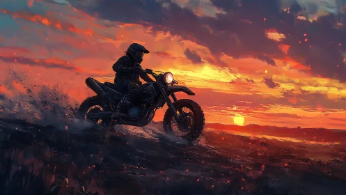 Motocross rider silhouettes against a high-saturation sunset sky