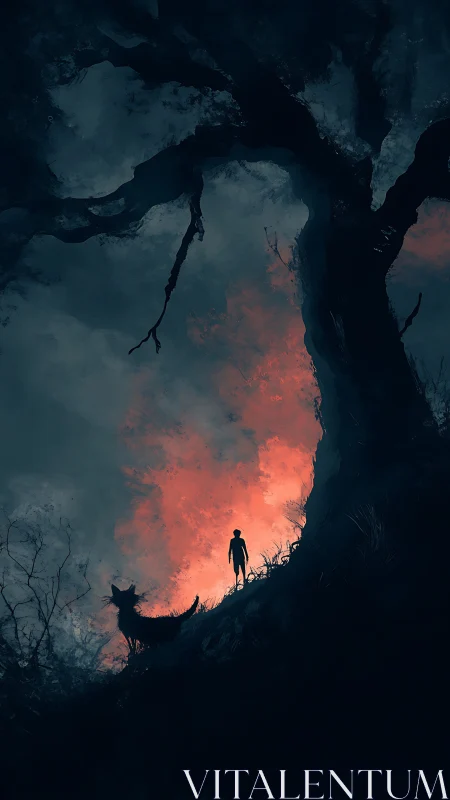 Digital painting of lone wanderer and hound under burning sky.