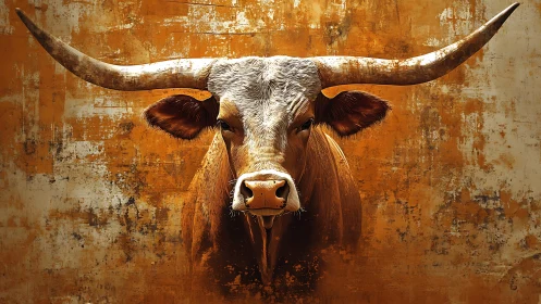 Longhorn bull portrait on textured orange painted wall.