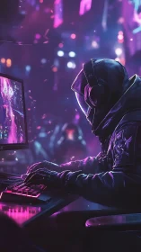 Neon cloaked gamer drifts through a holographic esports storm