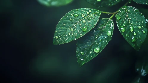 Rain-kissed emerald leaves glowing in soft forest shadow.