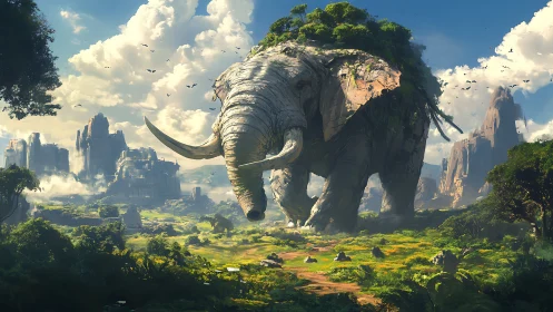 Gentle stone giant elephant wandering a lush green valley.