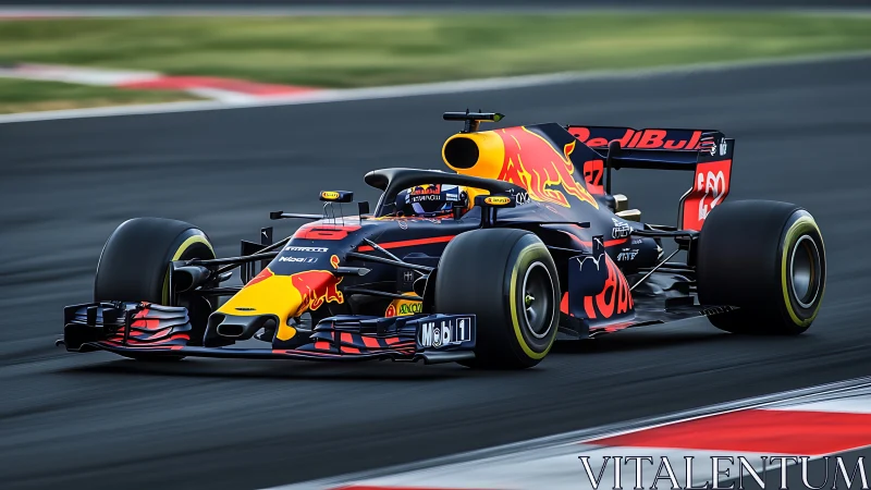 Formula 1 car cornering at speed on modern racetrack