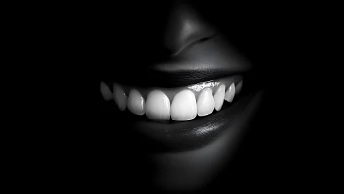 Luminous smile emerges from darkness in high-contrast portrait.