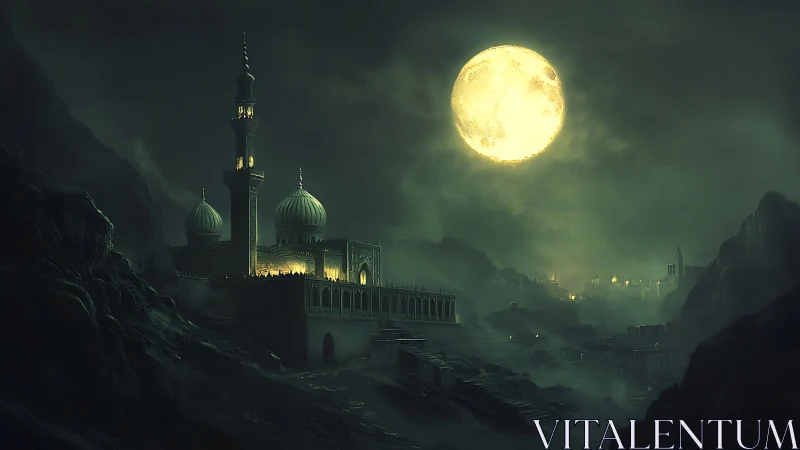 Lunar-Illuminated Mountain Citadel in Nocturnal Digital Painting.