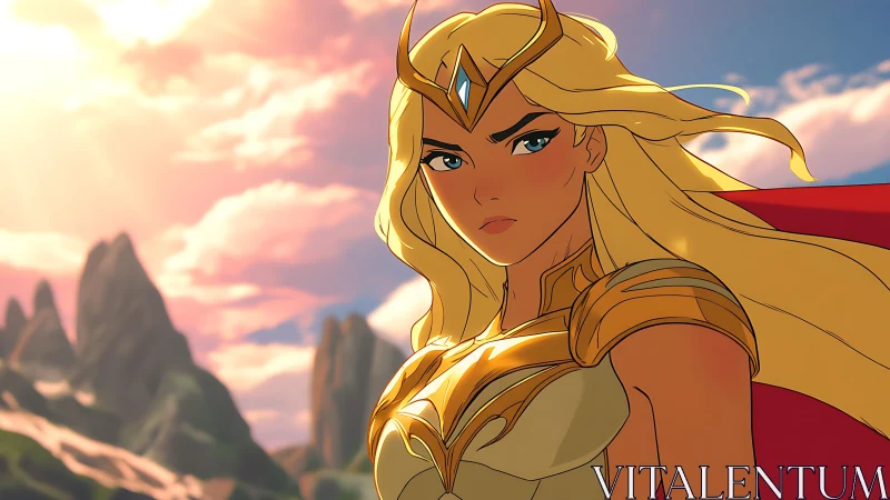 Golden-armored warrior princess stands defiant at sunset.