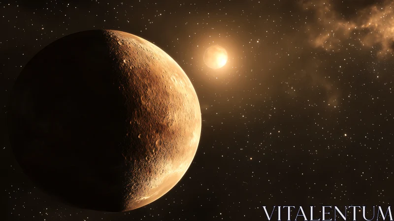 Rocky exoplanet orbits distant star in warm golden light