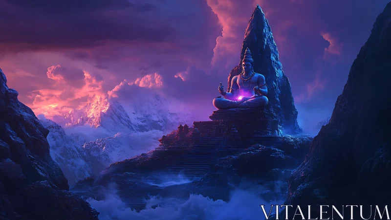 Meditating deity radiates violet energy over twilight peaks