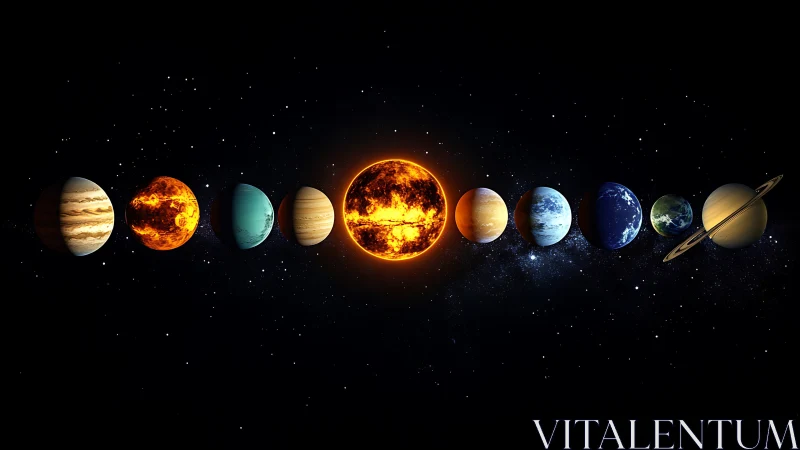 Digitally rendered solar system lineup with illuminated star center