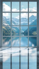 Large window framing lake and mountain landscape view.