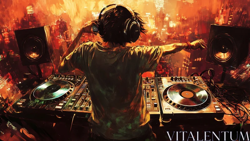 DJ controls vibrant city rooftop set in blazing neon light