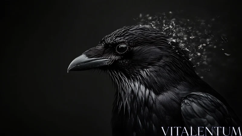 High-contrast raven portrait with particle dispersion effect applied