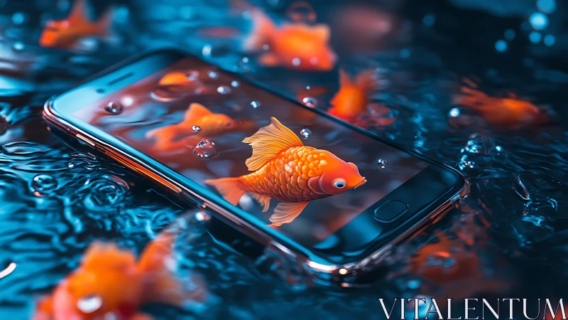 Surreal digital painting of goldfish emerging from smartphone.