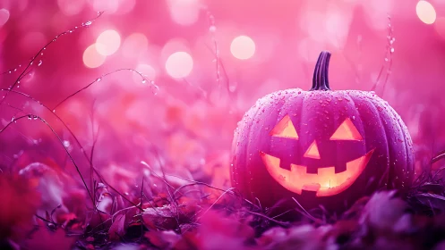 Glimmering pink twilight with a smiling Halloween pumpkin.