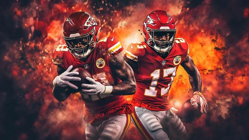Kansas City football players in intense fiery action scene.