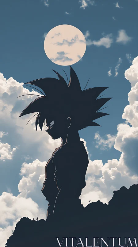 Silhouetted anime figure stands against bright backlit sky