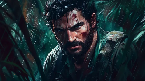 Rain-soaked jungle warrior staring down the storm.