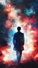 Solitary figure walks into luminous cosmic nebula veil