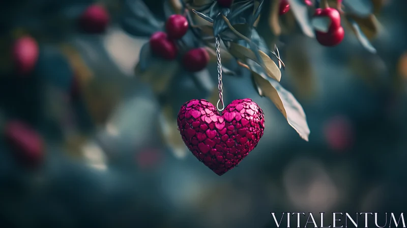 Crimson Heart Ornament Hangs Among Berry Branches.