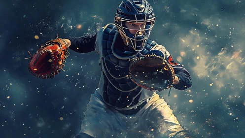 Catcher storms through stardust, guarding home plate destiny