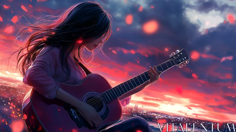 Sunset-side acoustic guitarist in high-saturation anime render.
