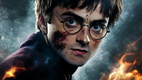 Battle-worn boy wizard stares ahead through swirling embers