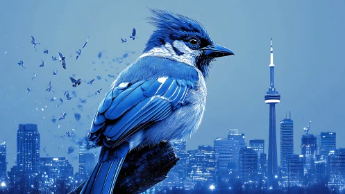 Blue Jay in Flight Over Urban Skyline: Composite Digital Illustration.