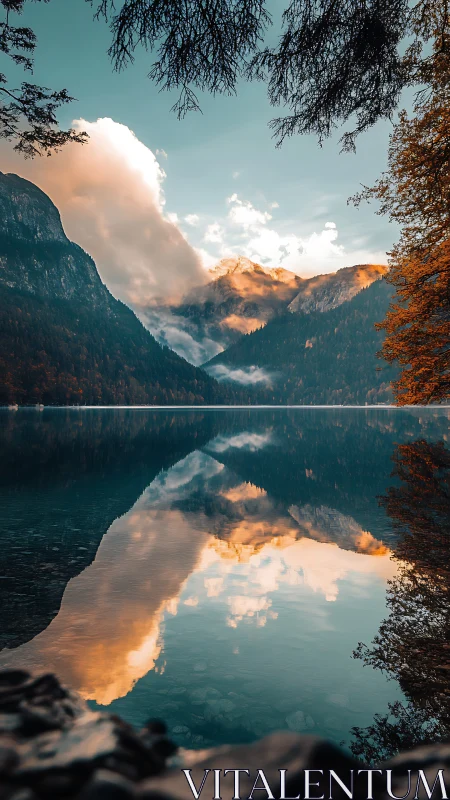 Mountain lake reflects glowing clouds under soft sunset light